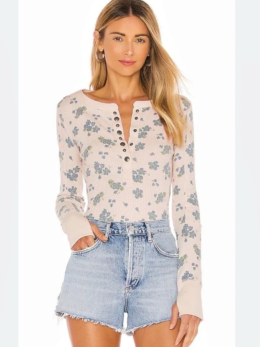 We The Free People Floral Waffle Knit Henley Top Cream Blue Sz M